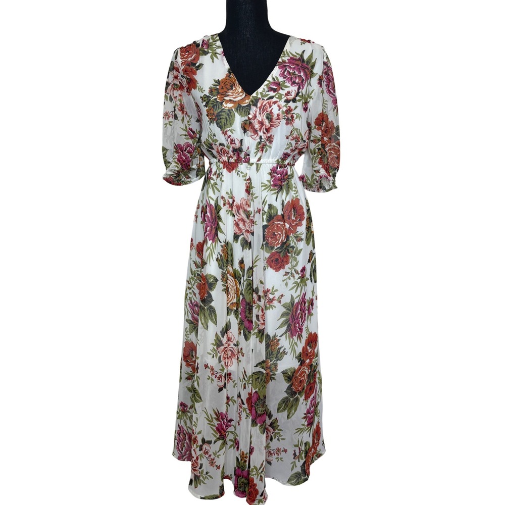 Lapis Womens Floral Maxi Dress White Red Rose V-Neck Elastic Waist Size Large
